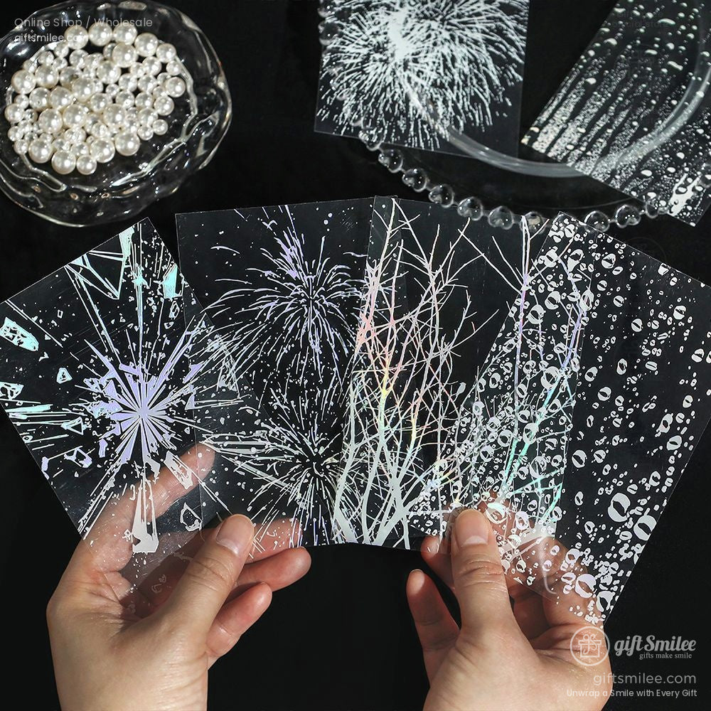 A set of holographic transparent stickers featuring firework designs, perfect for scrapbooking and journaling