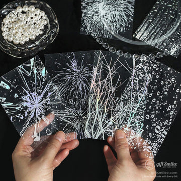 A set of holographic transparent stickers featuring firework designs, perfect for scrapbooking and journaling