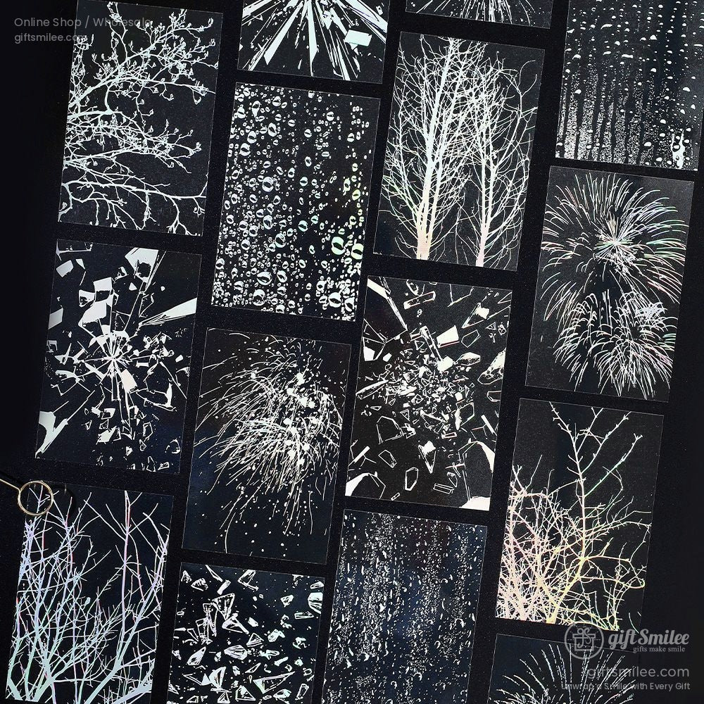 A set of holographic transparent stickers featuring firework designs, perfect for scrapbooking and journaling
