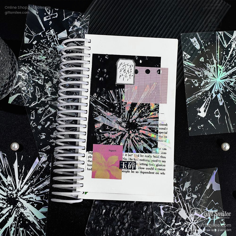 Packaged holographic stickers featuring fireworks, glass shards, tree branches, and raindrops, great for craft lovers