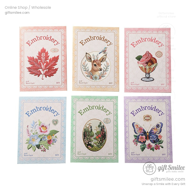 Six embroidery sticker packs with various nature and wildlife themes, including flowers, a deer, and butterflies, displayed in pastel-colored packaging