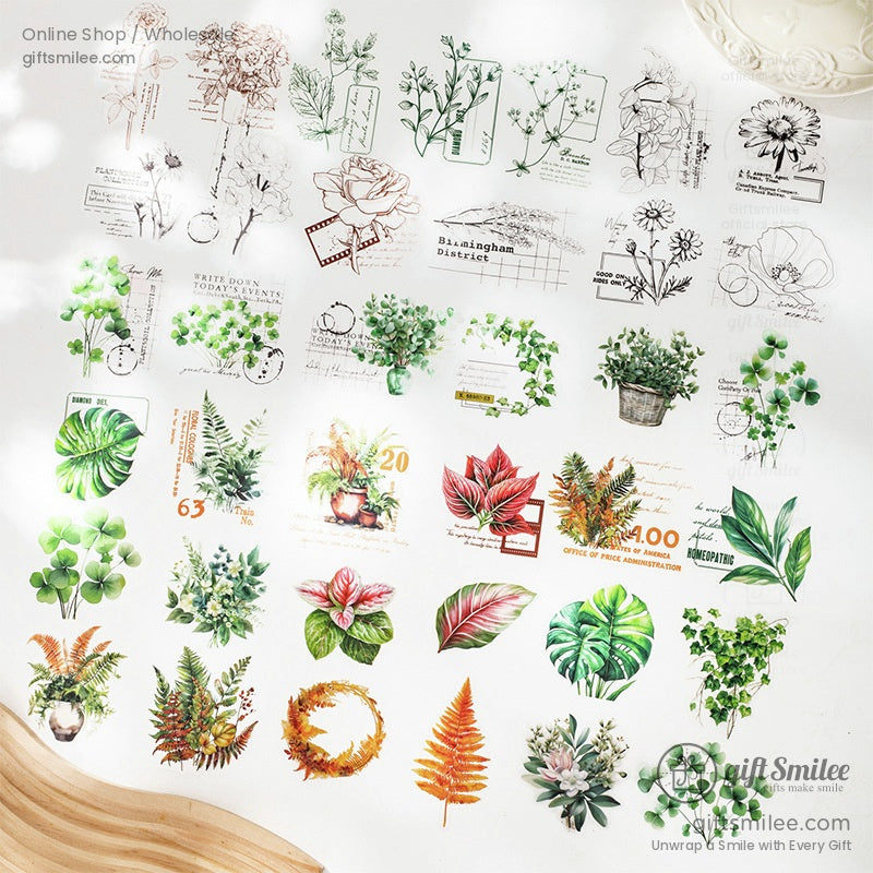 A collection of vintage plant-themed transparent stickers featuring leaves, flowers, and botanical designs arranged on a white background