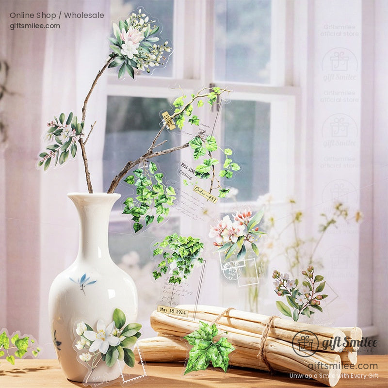 A collection of vintage plant-themed transparent stickers featuring leaves, flowers, and botanical designs arranged on a white background