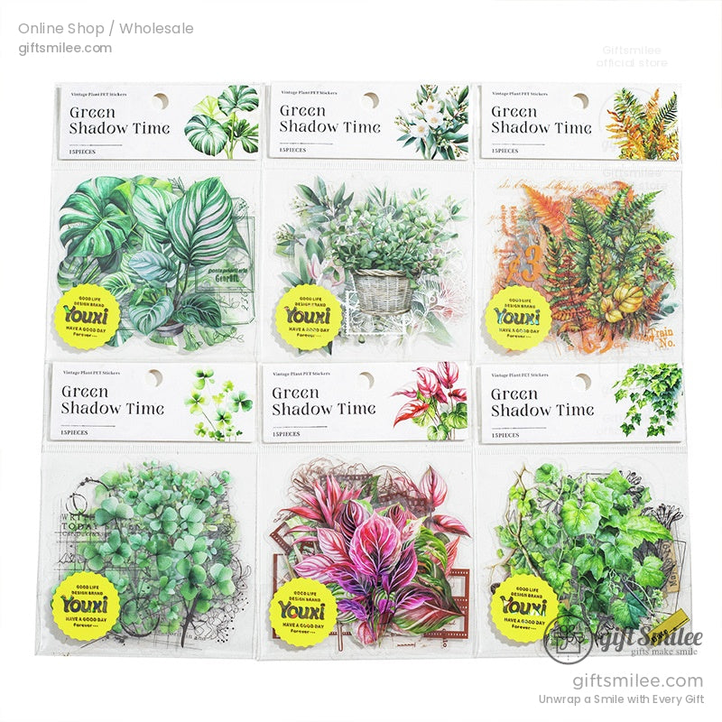 Packaging of the Green Shadow Time sticker set, displaying six sets of plant-themed stickers in vibrant, detailed designs