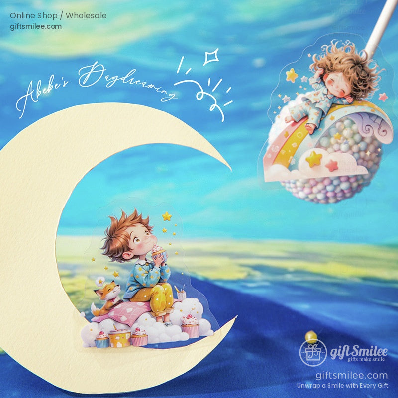 A dreamy boy sitting on a crescent moon surrounded by stars and cupcakes, whimsical sticker design