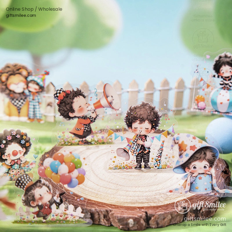 A dreamy boy sitting on a crescent moon surrounded by stars and cupcakes, whimsical sticker design