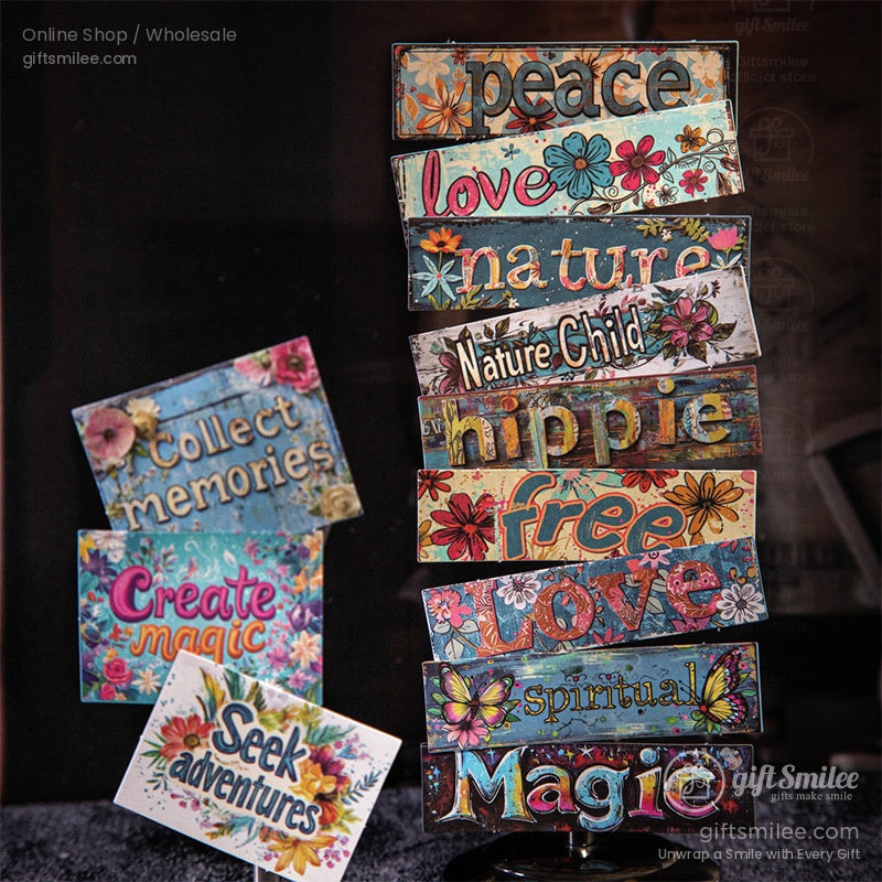A set of colorful bohemian-style word art stickers with phrases like peace, love, and magic, surrounded by floral designs