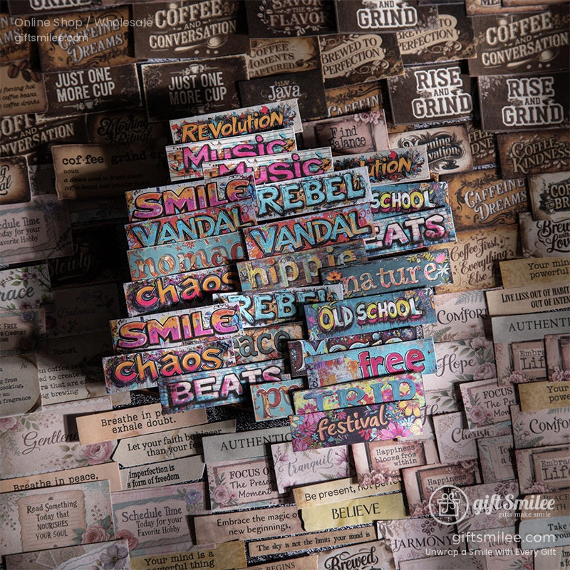 A set of colorful bohemian-style word art stickers with phrases like peace, love, and magic, surrounded by floral designs