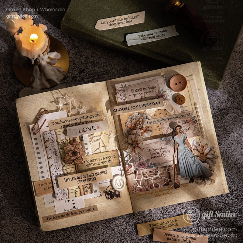 An artistic journal page adorned with vintage-inspired motivational stickers, showcasing intricate designs and uplifting messages