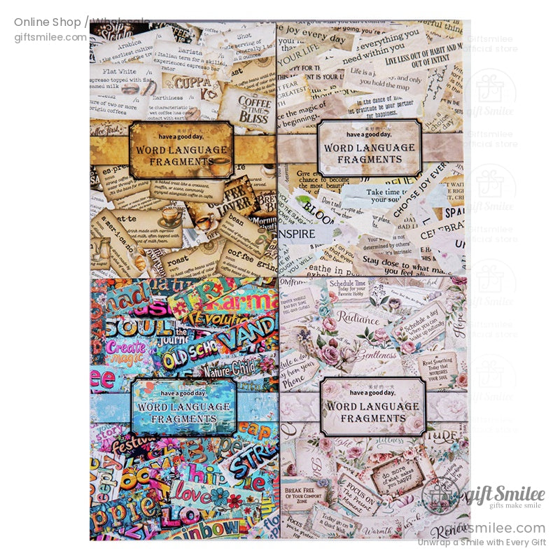 A variety pack of word art sticker sets, including bohemian, vintage, and floral themes, displayed with intricate details