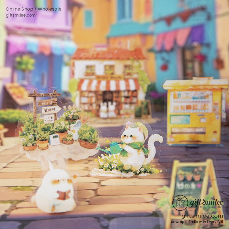 A whimsical scene of a cute cat with a watering can in a colorful street setting