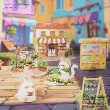 A whimsical scene of a cute cat with a watering can in a colorful street setting