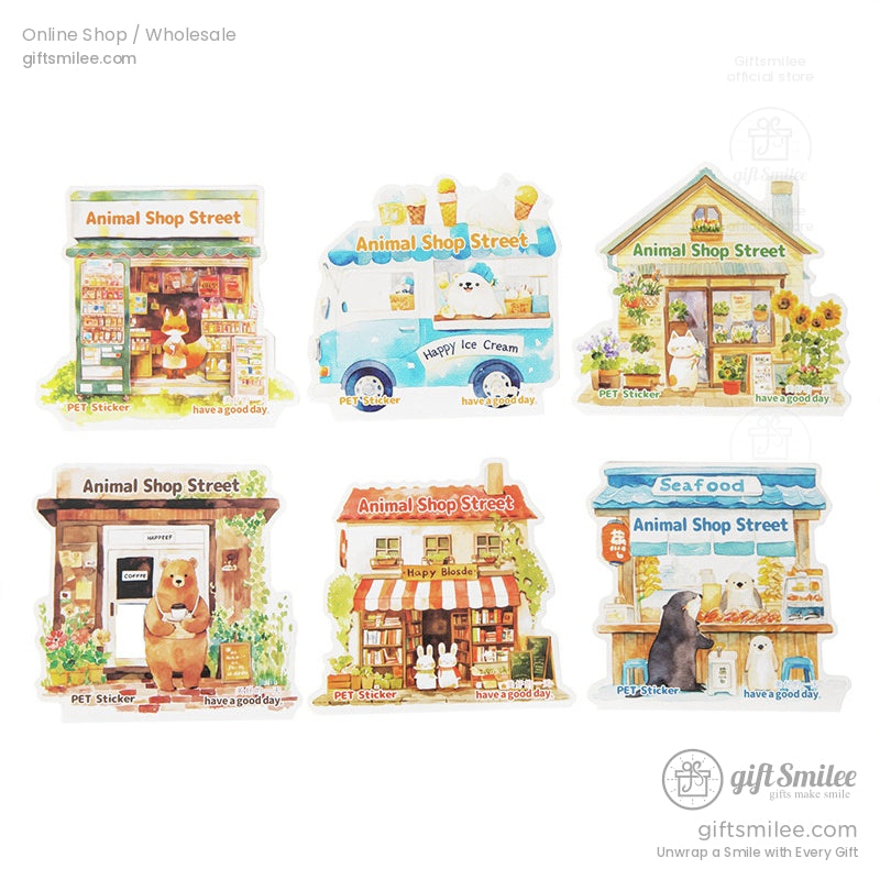 A full set of animal shop street-themed stickers, including ice cream trucks and florists