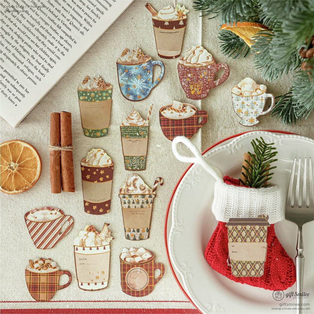 Image of vintage Christmas-themed ephemera sets for scrapbooking, featuring festive tags, stickers, and die cuts