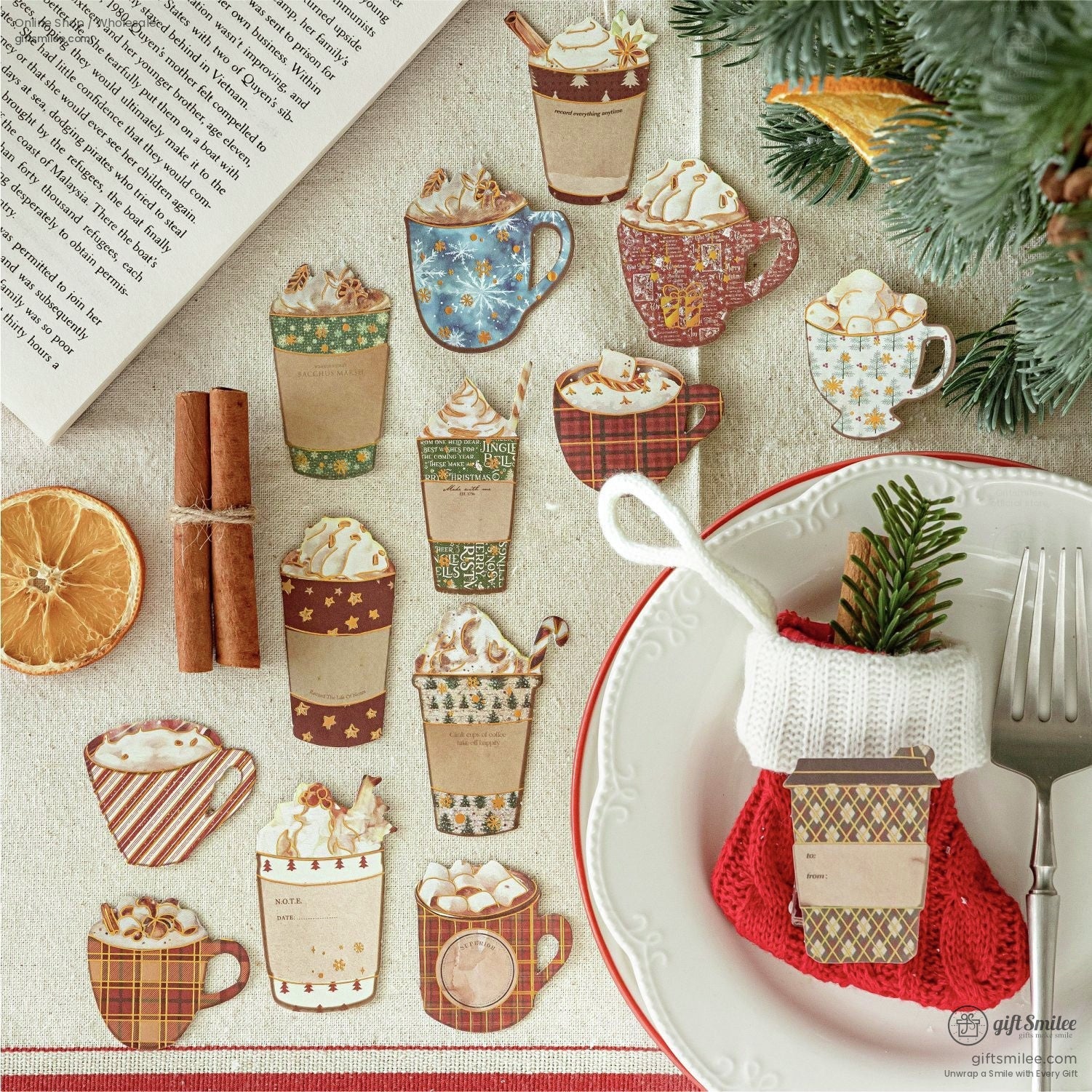 Close-up of cocoa-themed holiday stickers in cups with whipped cream, perfect for winter crafting