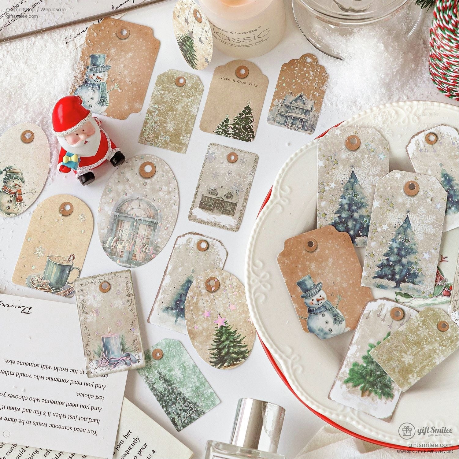 Assorted vintage-style Christmas gift tags with snowman, Christmas tree, and snowy landscapes