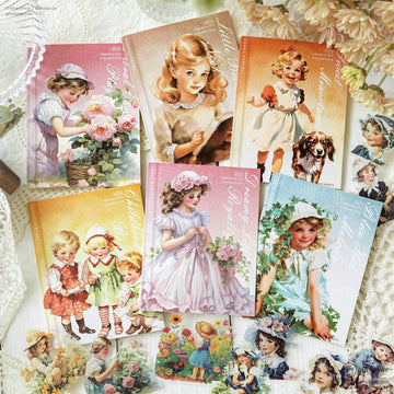 A set of vintage-inspired stickers featuring retro girls in pastel tones, ideal for scrapbooking and journaling