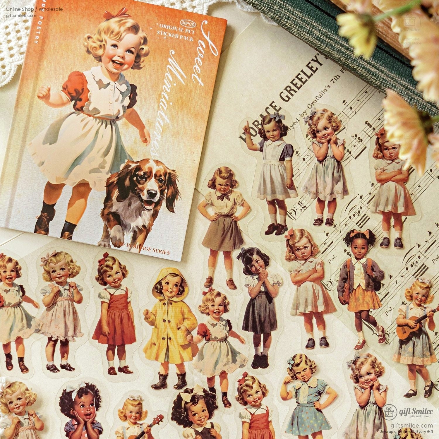 Close-up of retro girls stickers with charming illustrations, perfect for adding nostalgia to crafts