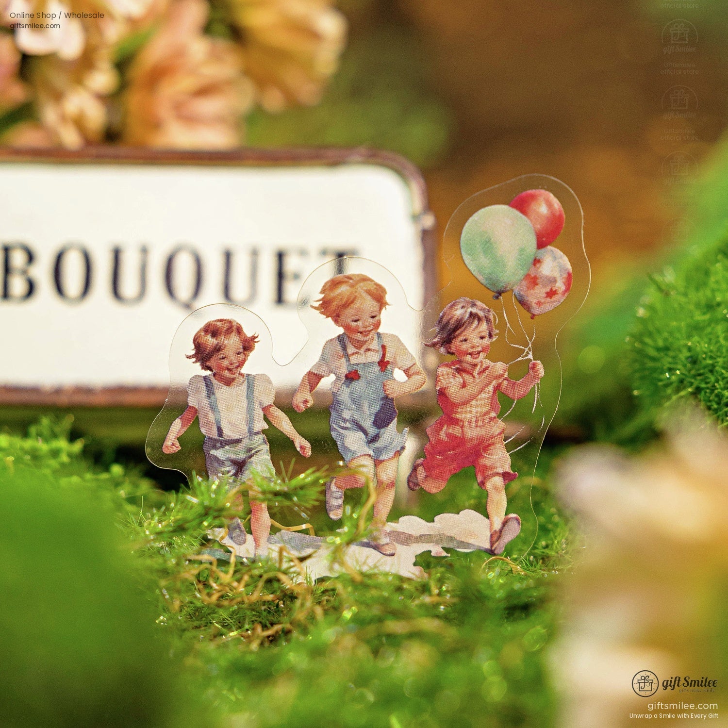 Retro-themed stickers of children playing with balloons, showcasing whimsical illustrations on a mossy backdrop
