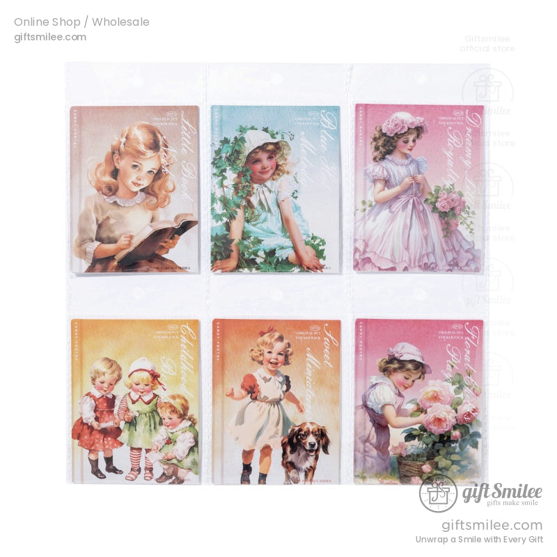 Packaged set of vintage girls stickers featuring charming nostalgic designs, ready for crafting projects
