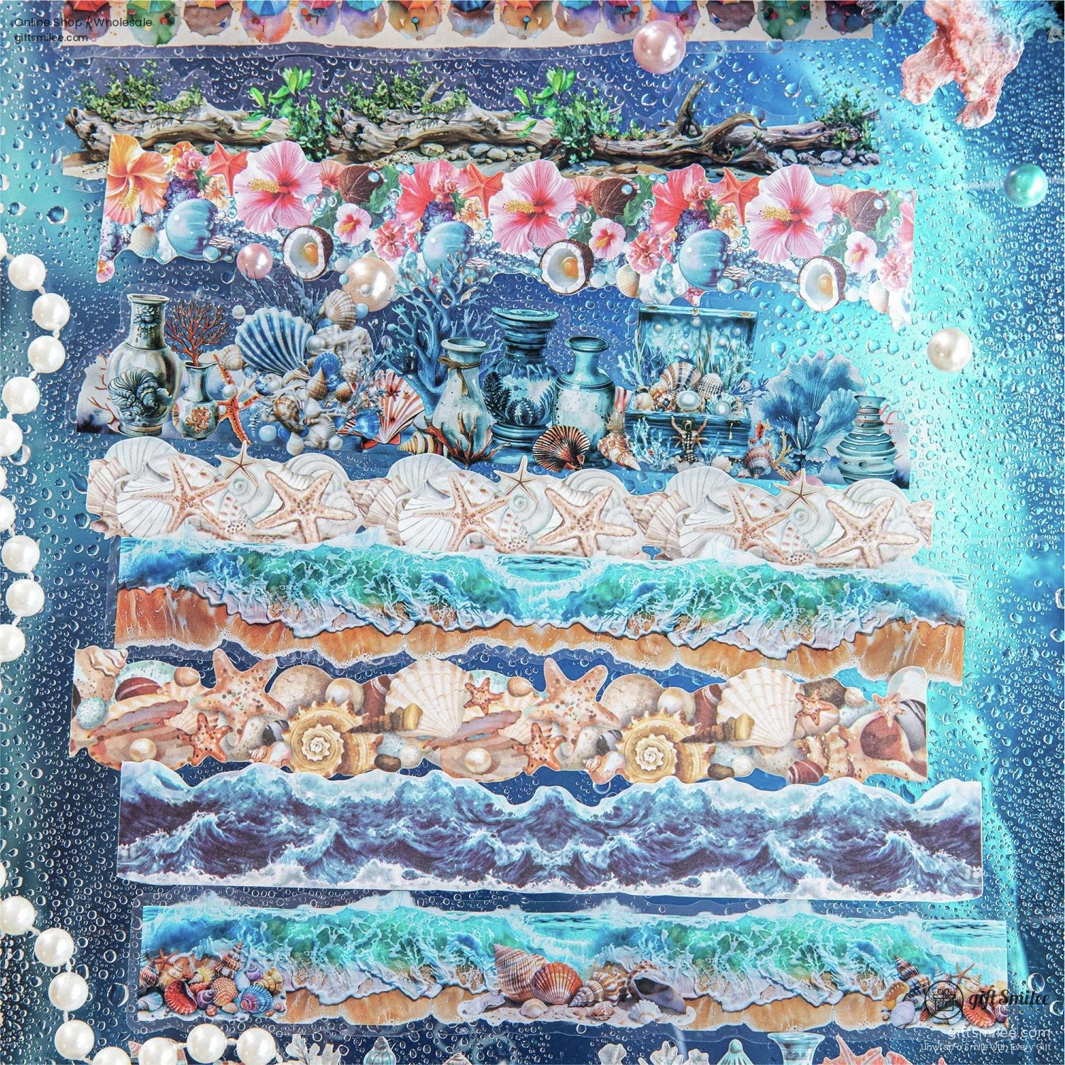 Detailed view of floral and ocean-inspired washi tape rolls, highlighting vibrant patterns of flowers, waves, and sea life