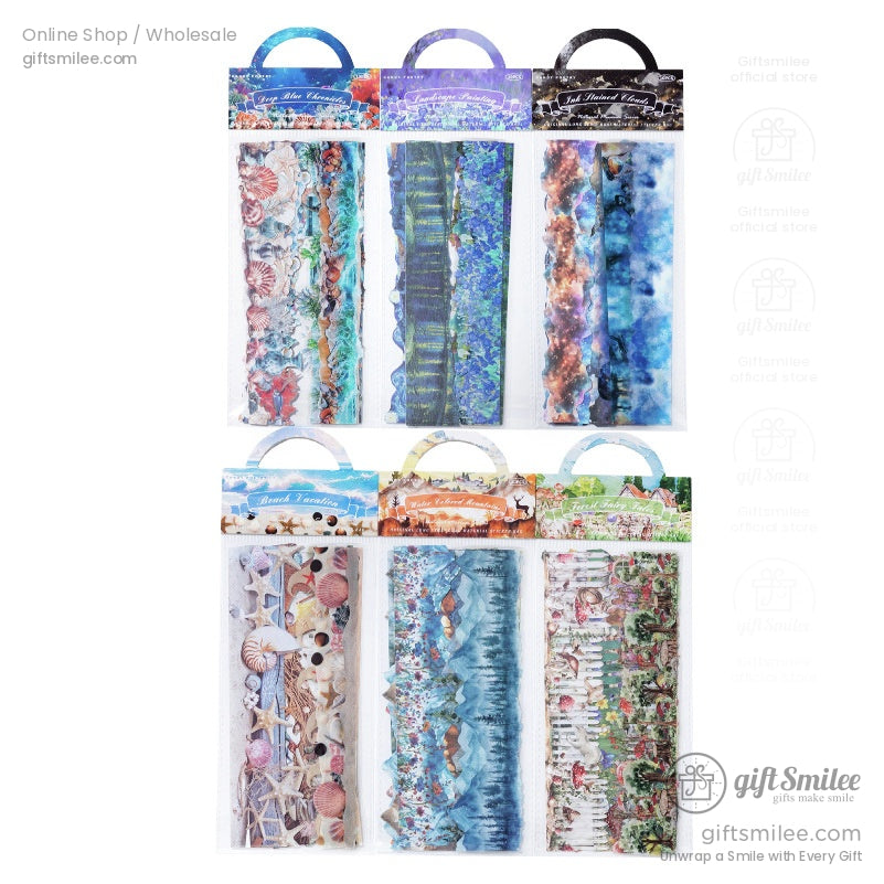 Complete collection of washi tape sets with packaging, including nature, ocean, and garden art designs, displayed against a clean white background
