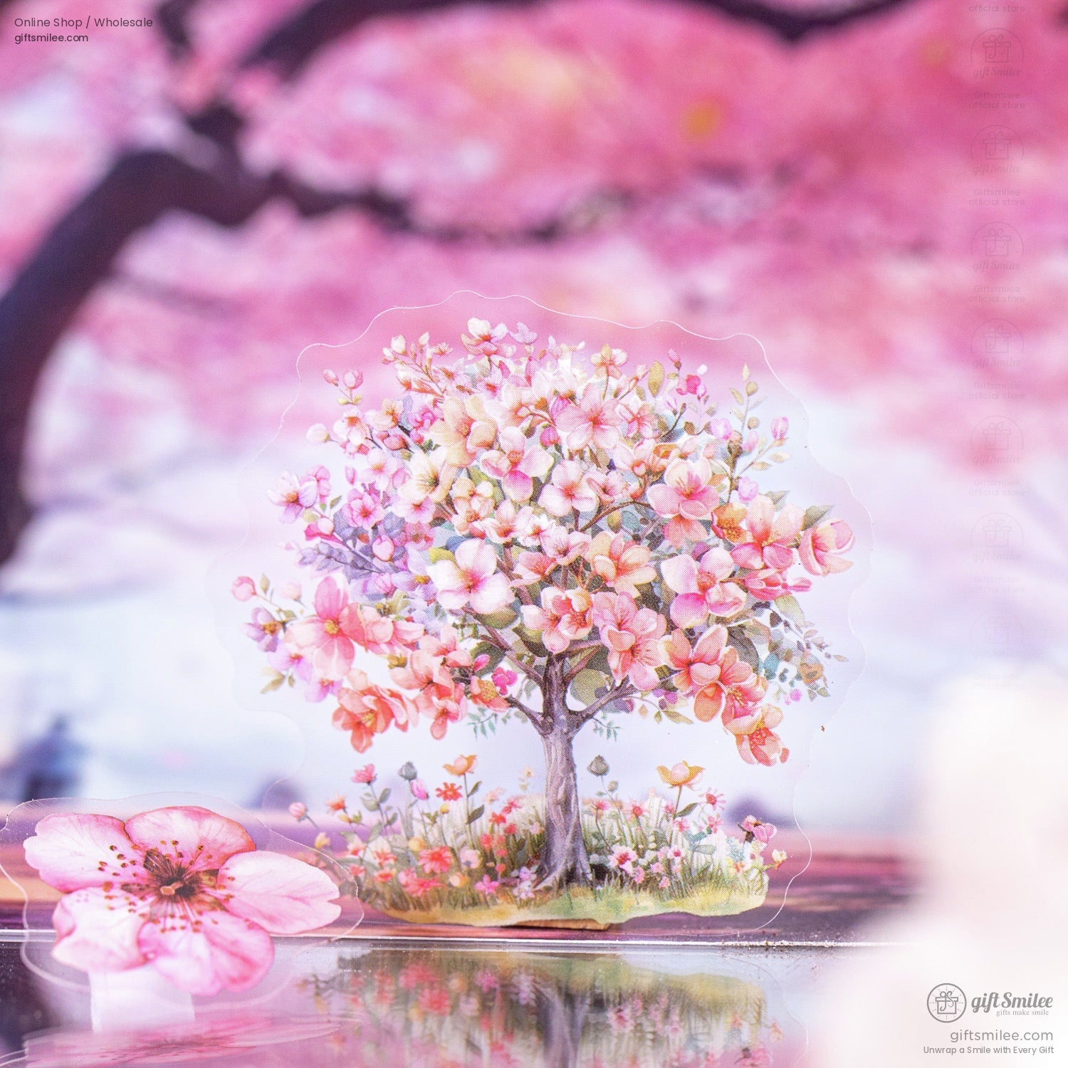 Cherry blossom tree sticker with vibrant pink flowers and a dreamy spring background