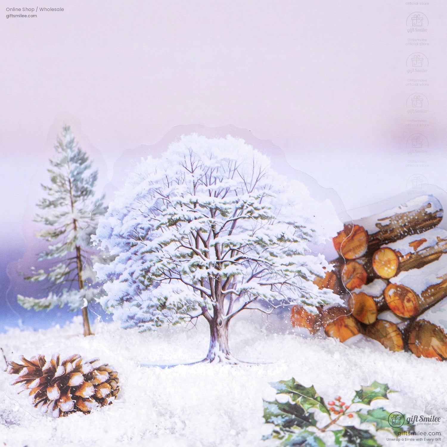 Snow-covered tree sticker with pine cones and logs in a winter wonderland setting