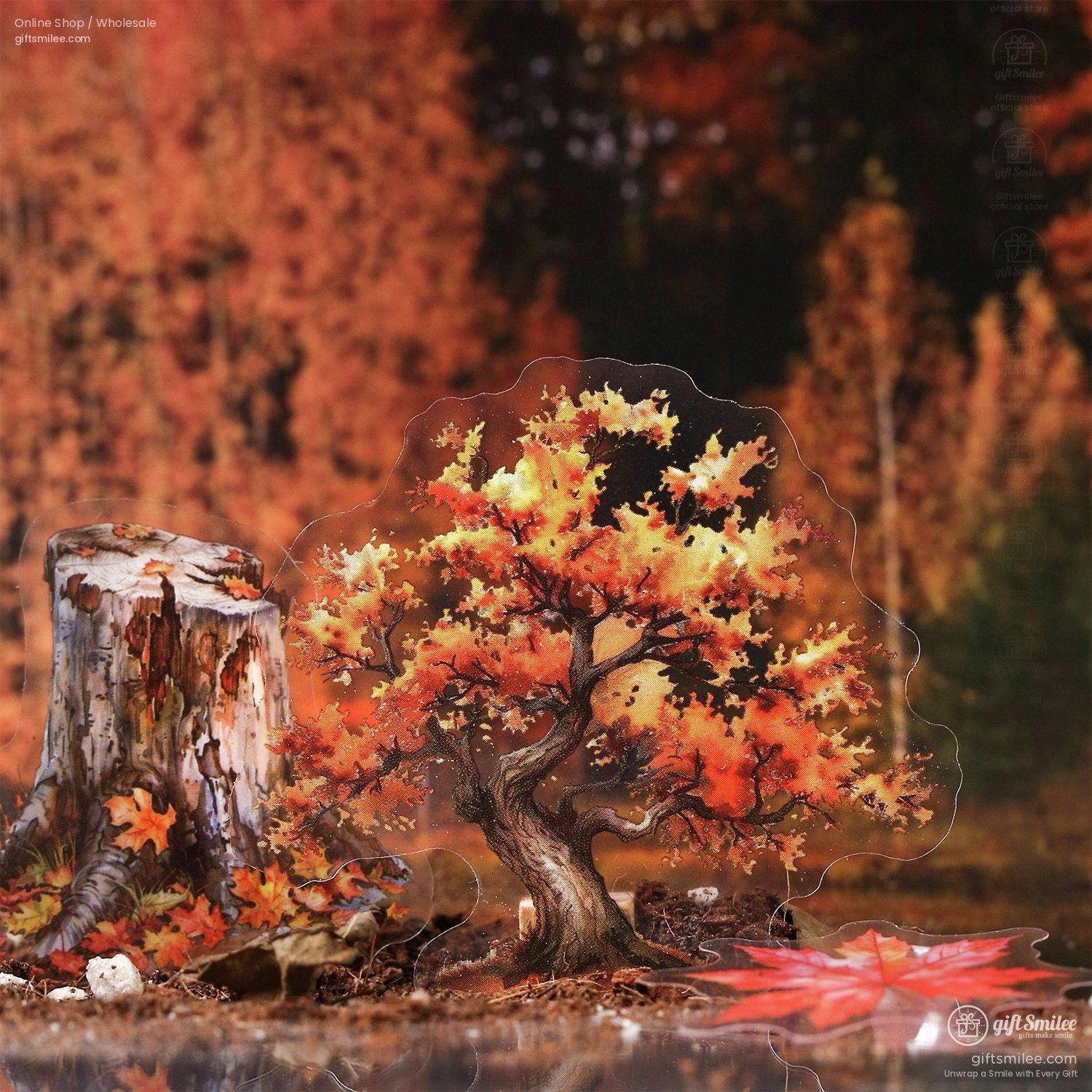 Autumn-inspired sticker with a fiery orange tree and a rustic stump