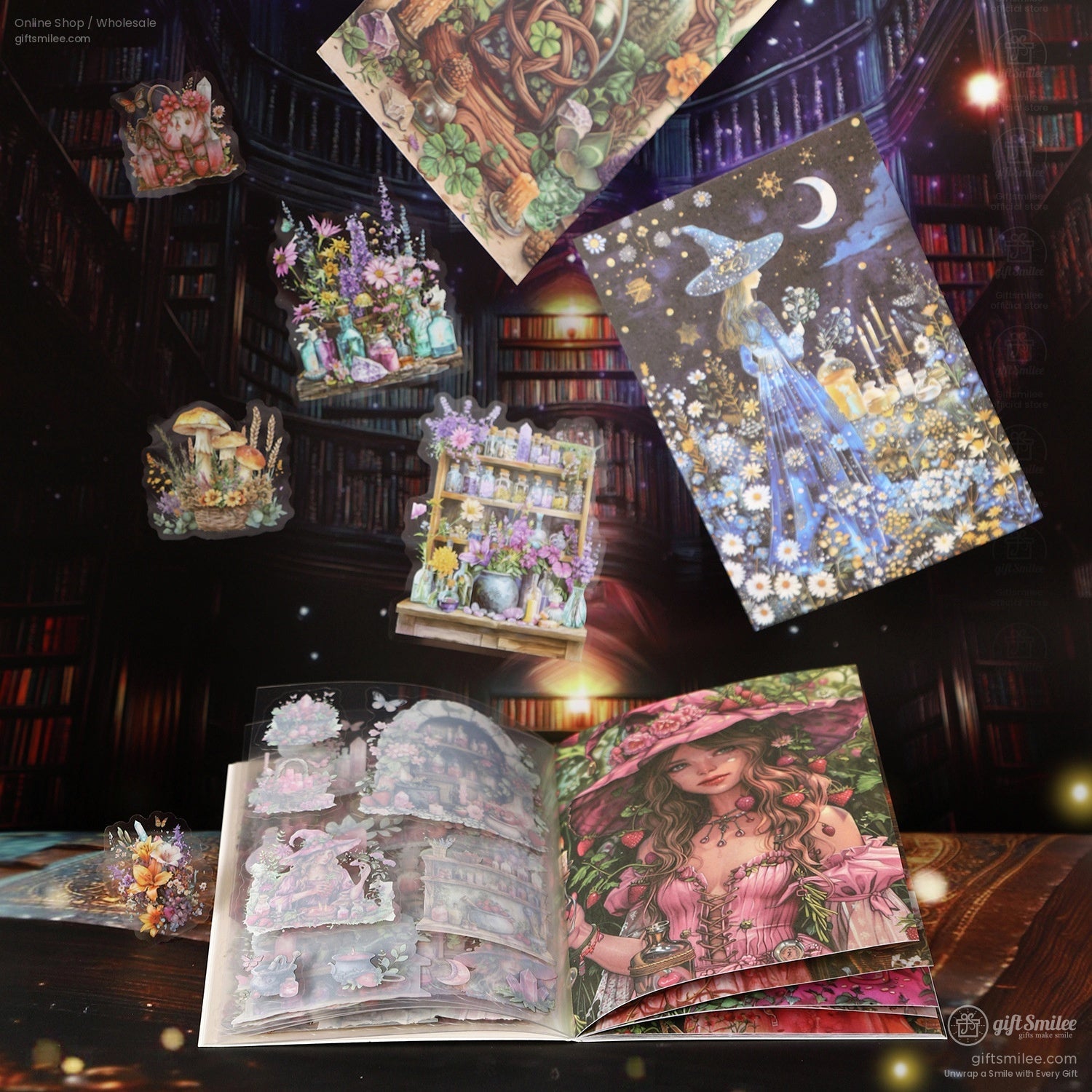 A whimsical sticker book featuring magical witchcraft designs, surrounded by celestial and botanical themes