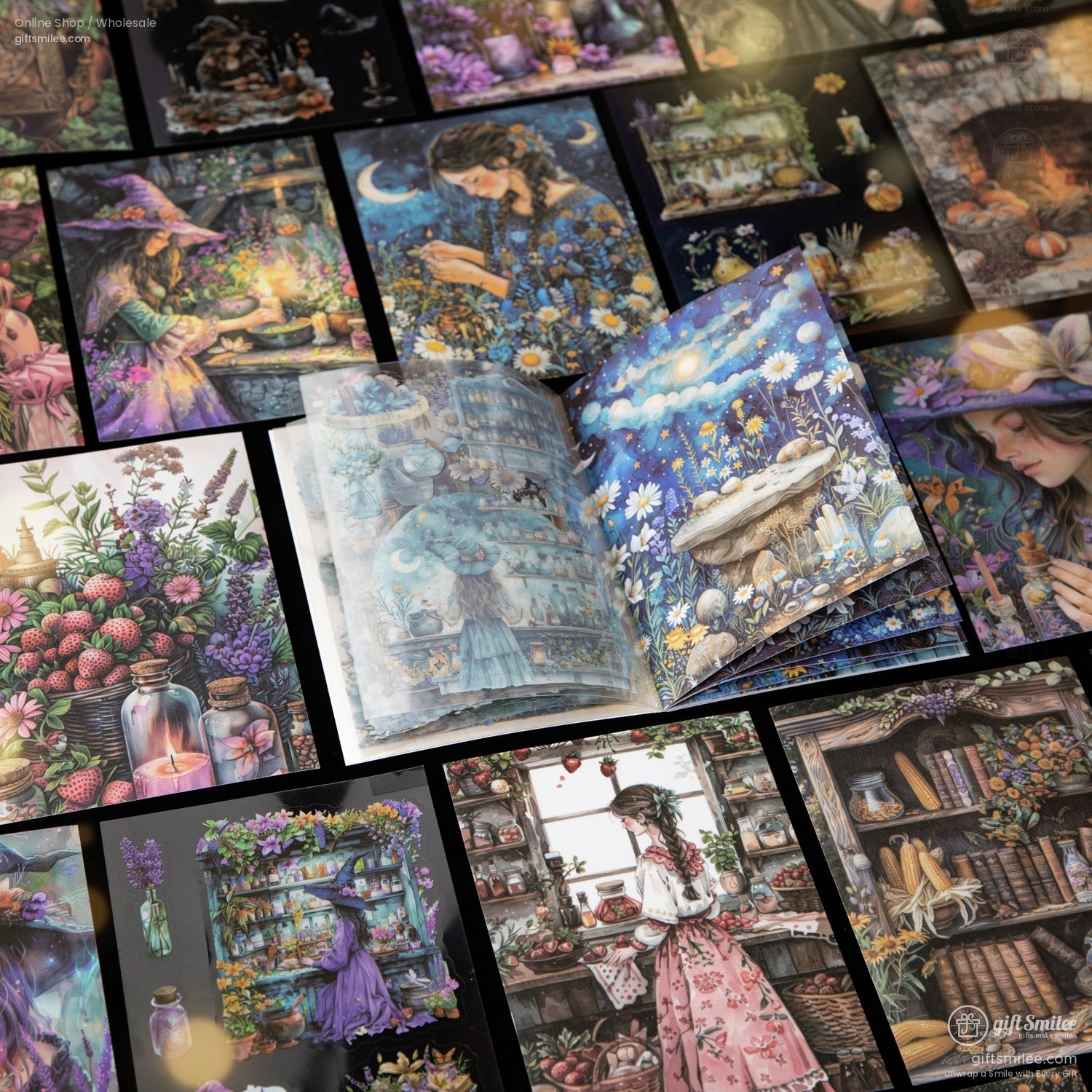 A collection of enchanting scrapbooking stickers showcasing mystical witches, starry nights, and magical potion scenes