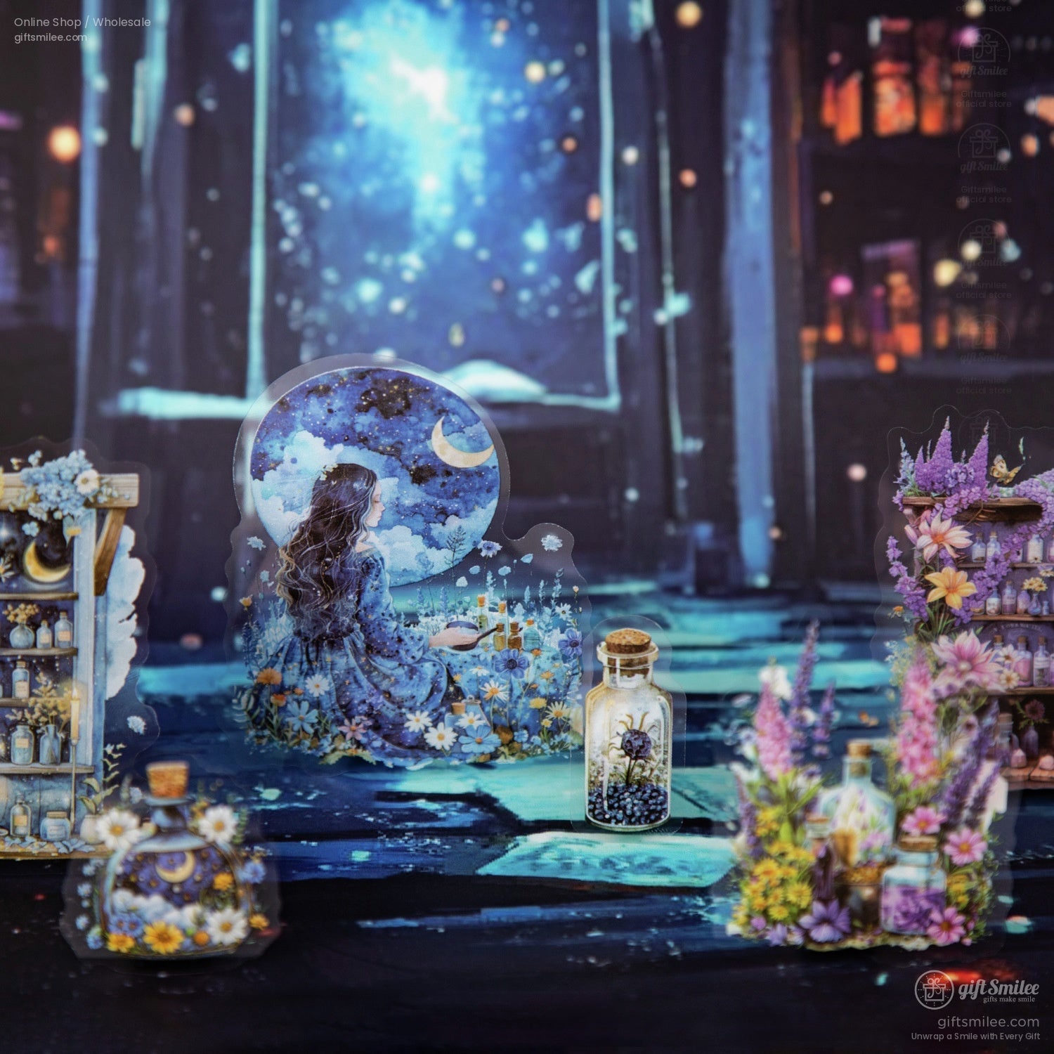 A charming sticker set with potion bottles, spell books, and ethereal witch art in a magical nighttime setting