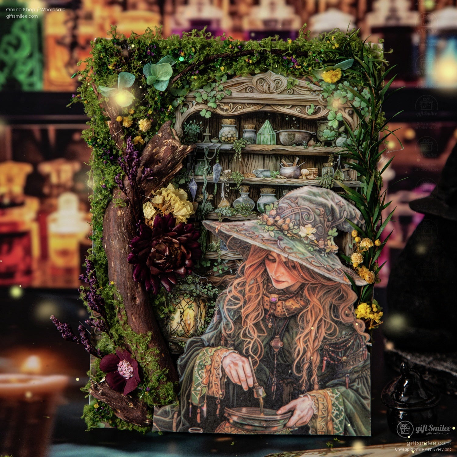 A handcrafted witch-themed sticker book cover, adorned with vibrant moss, flowers, and a bewitching potion cabinet illustration