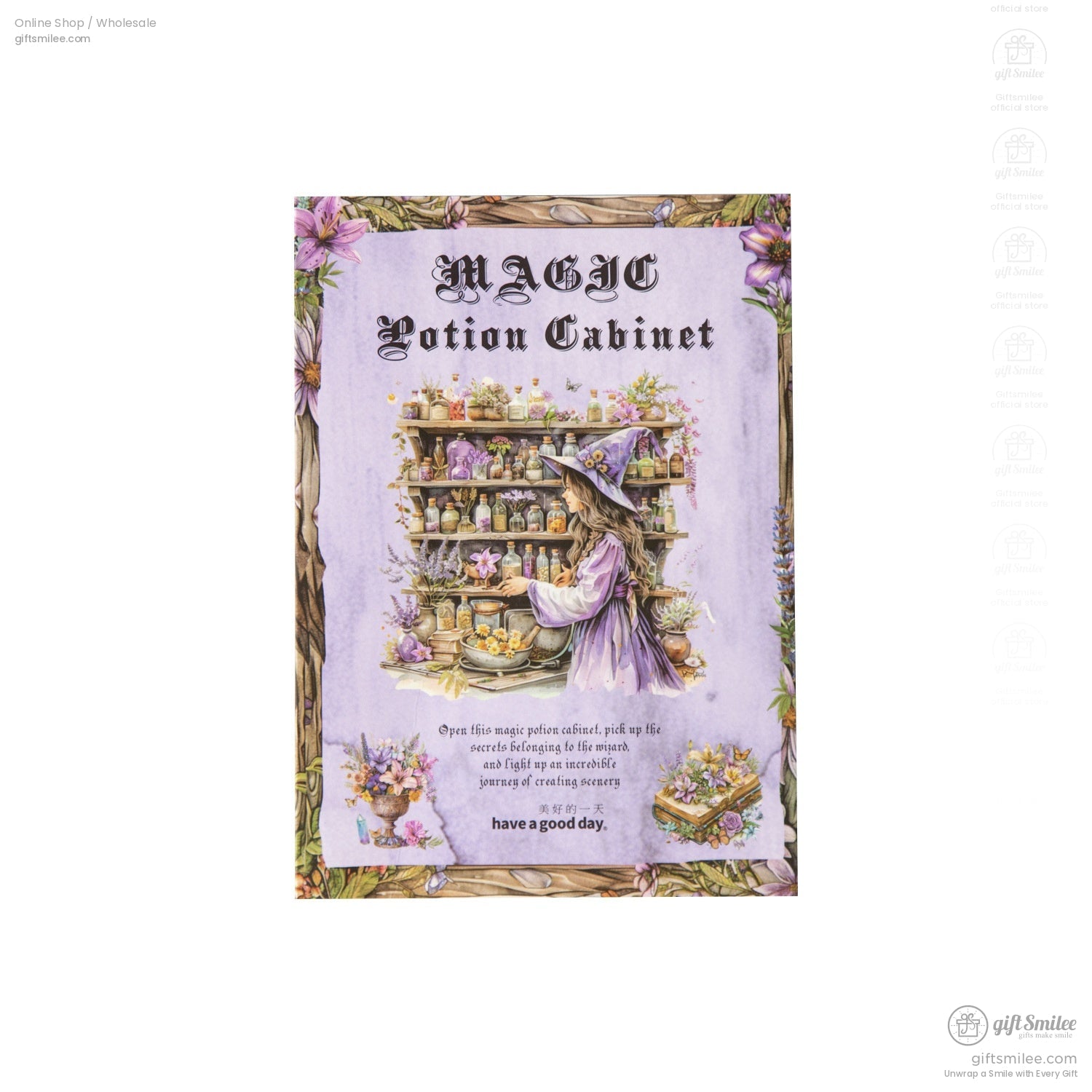 A close-up of a magic potion cabinet sticker design, featuring intricate details of spells, potions, and enchanting decor