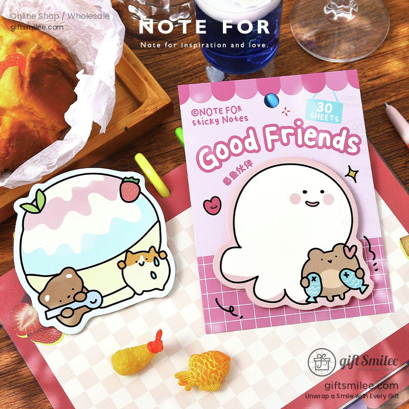 Close-up of the Good Friends sticky note pack showcasing a cute octopus and hamster design with colorful props