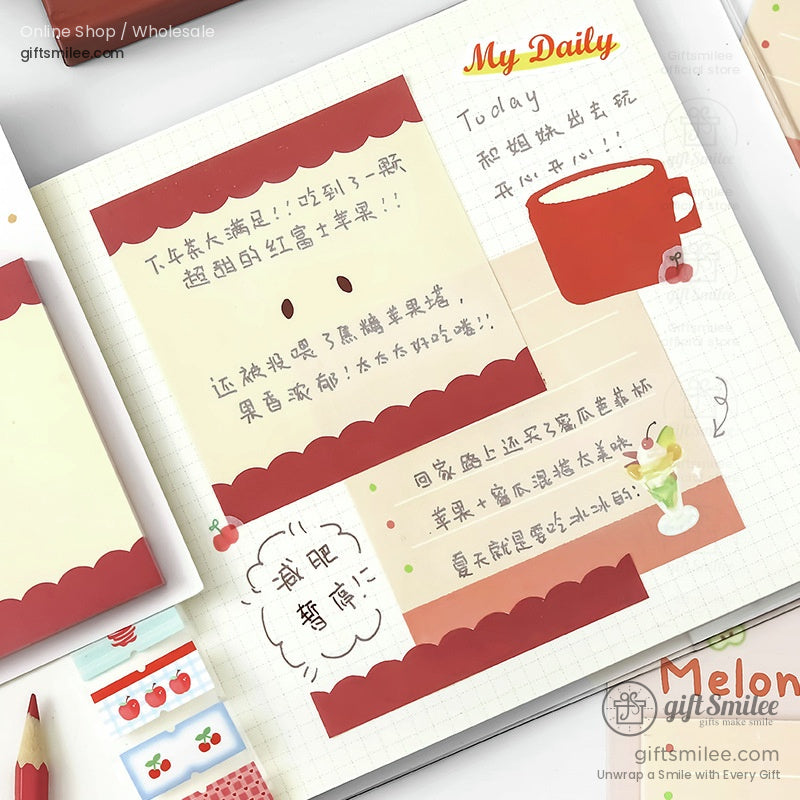 A collection of illustrated sticky notes with themes like cherries, coffee, and desserts, placed in a journal