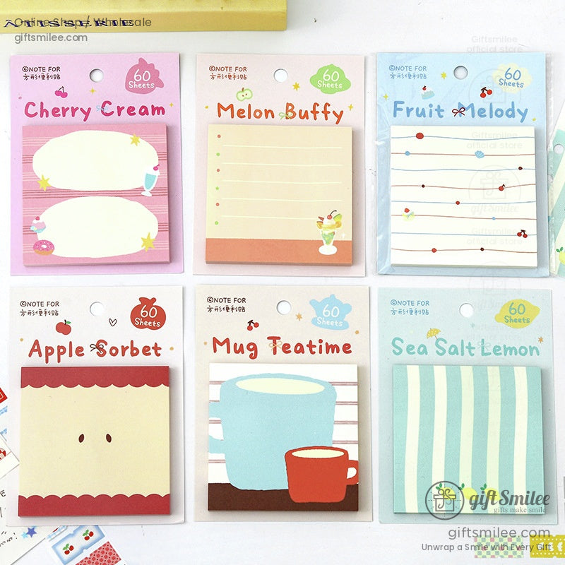 Six assorted notepads featuring designs like Cherry Cream, Melon Buffy, and Apple Sorbet