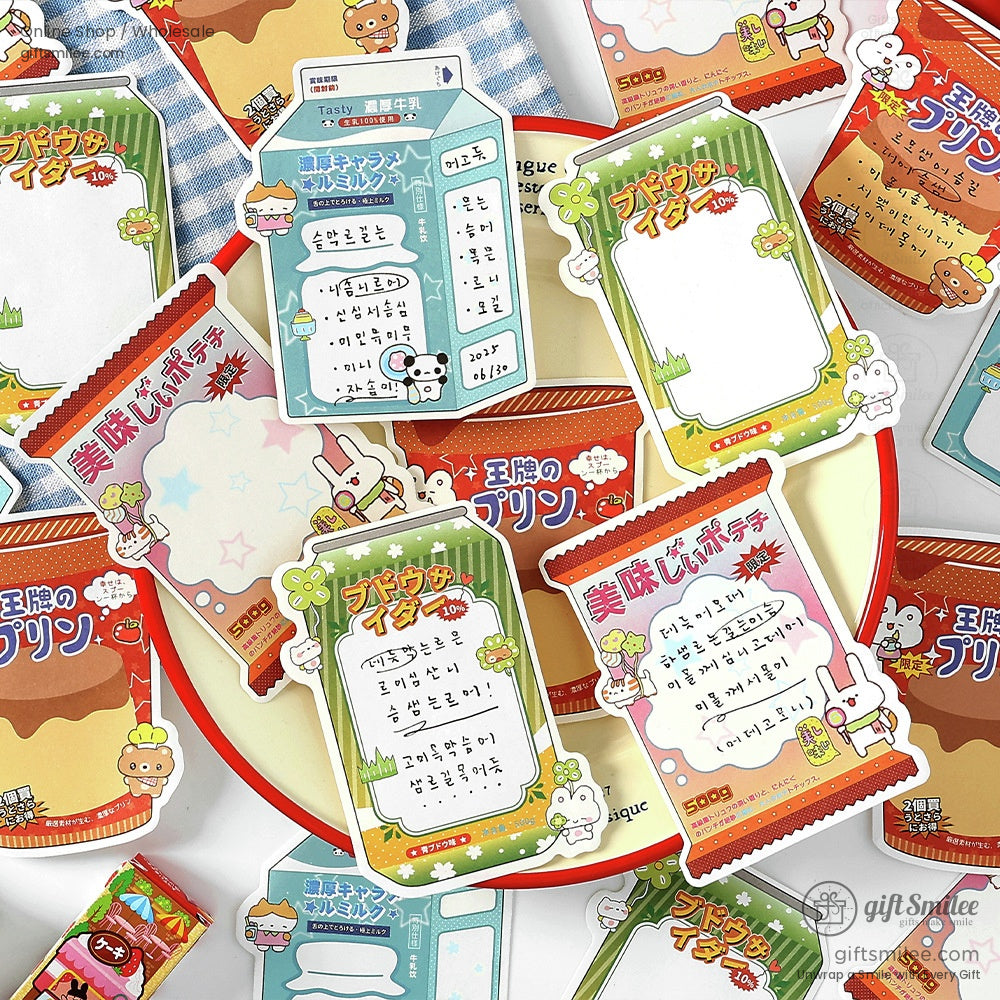 Assorted snack-themed sticky notes displayed on a plate with colorful, playful designs