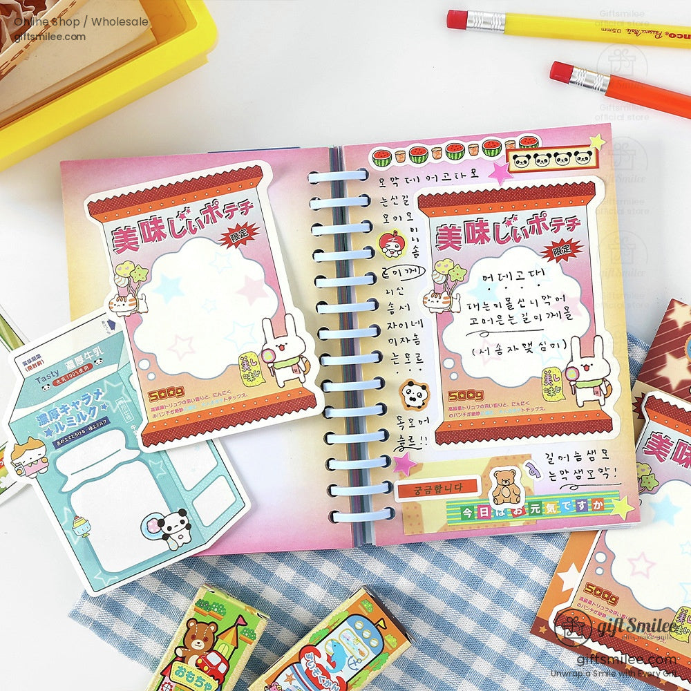 Open journal decorated with snack-shaped sticky notes, perfect for creative journaling