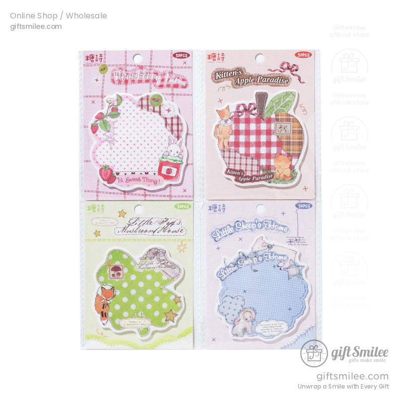 Four distinct sticker packs featuring animal and nature-themed designs, including kittens, strawberries, and sheep, on a plain white background