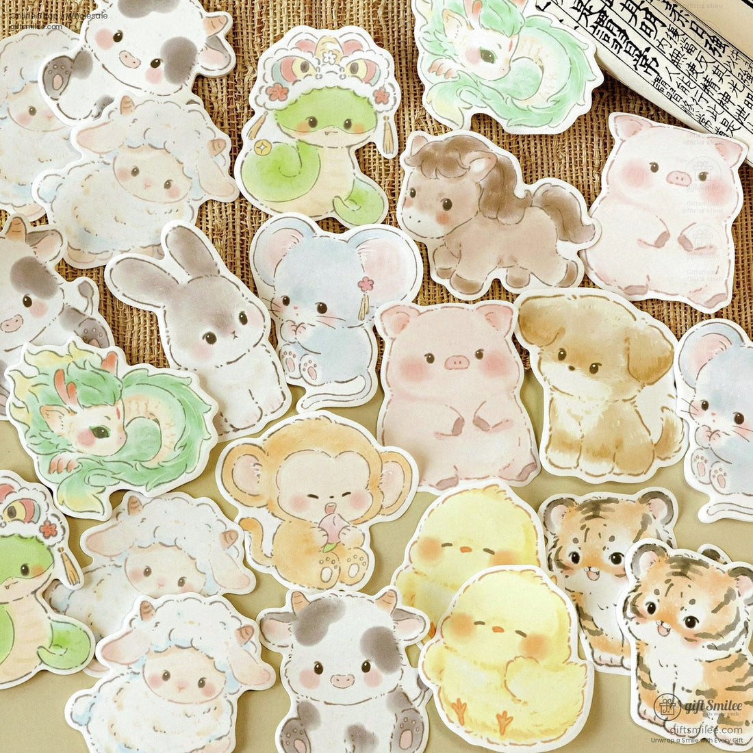 Set of Chinese zodiac animal stickers in watercolor style, featuring mouse, ox, tiger, rabbit, and more