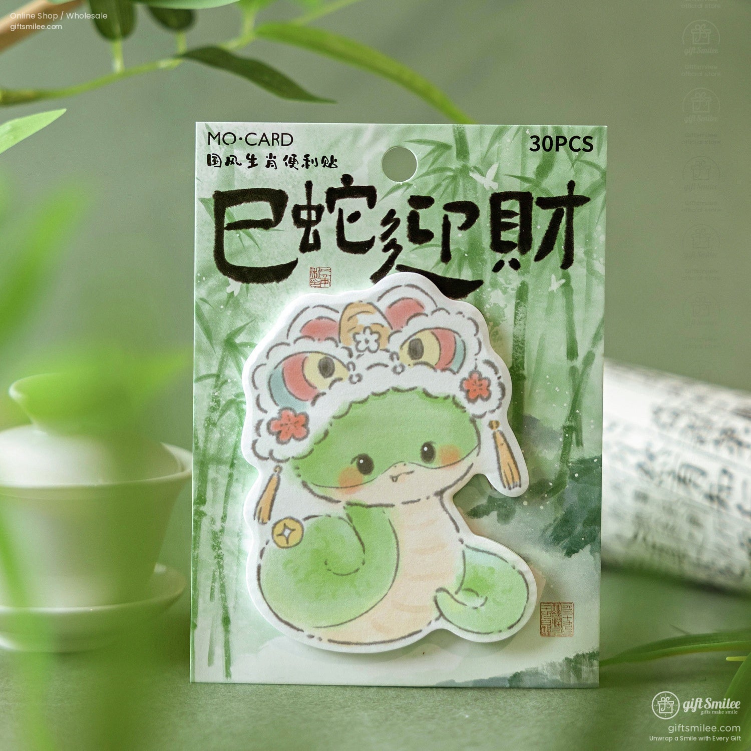 Detailed view of the snake sticker adorned with traditional Chinese elements