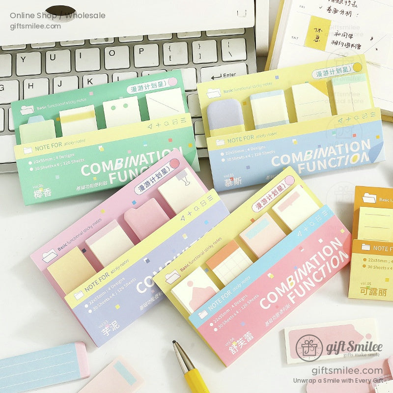 A vibrant set of pastel sticky notes for planners and journals, neatly arranged on a desk
