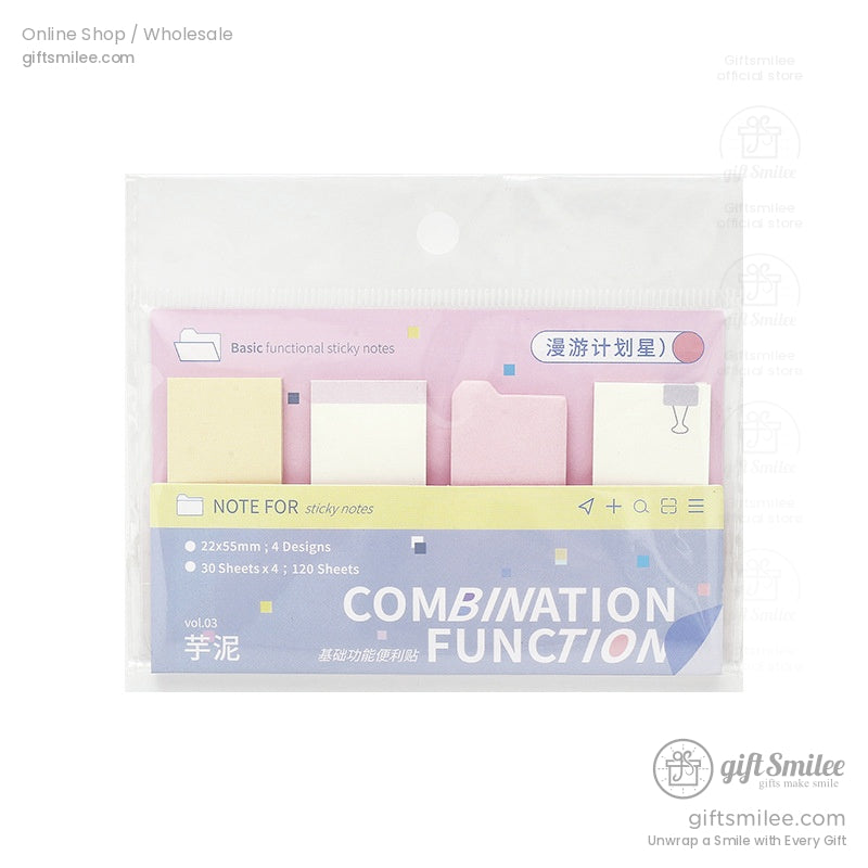 Packaged pastel sticky notes set with 4 designs and 120 sheets, ready for use