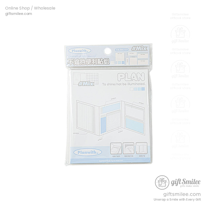Packaged PET sticky note set with grid, lined, and blank designs