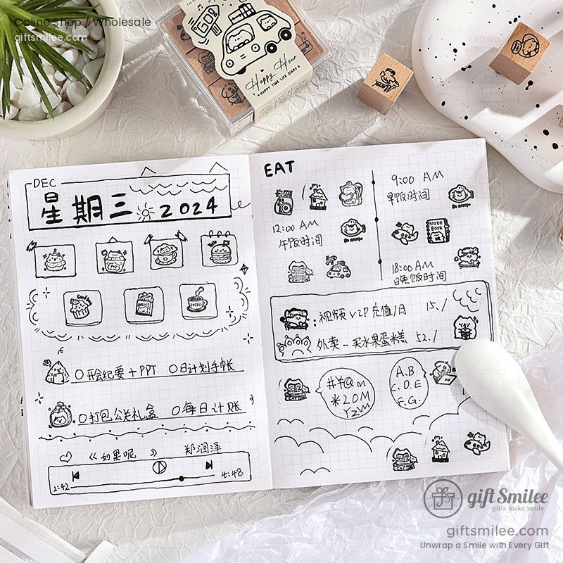 Wooden rubber stamps with cute cartoon designs displayed in a plastic box.