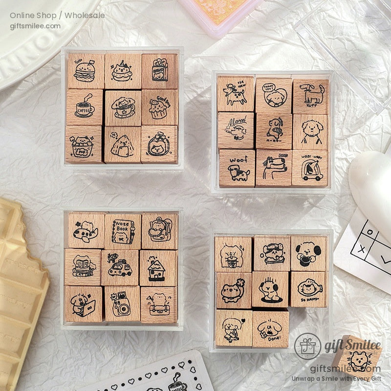 Set of cartoon-themed wooden stamps with playful and creative designs.
