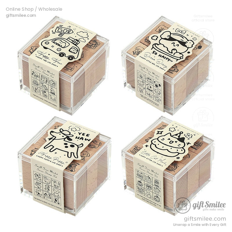 Four boxed sets of adorable cartoon wooden rubber stamps in clear packaging.