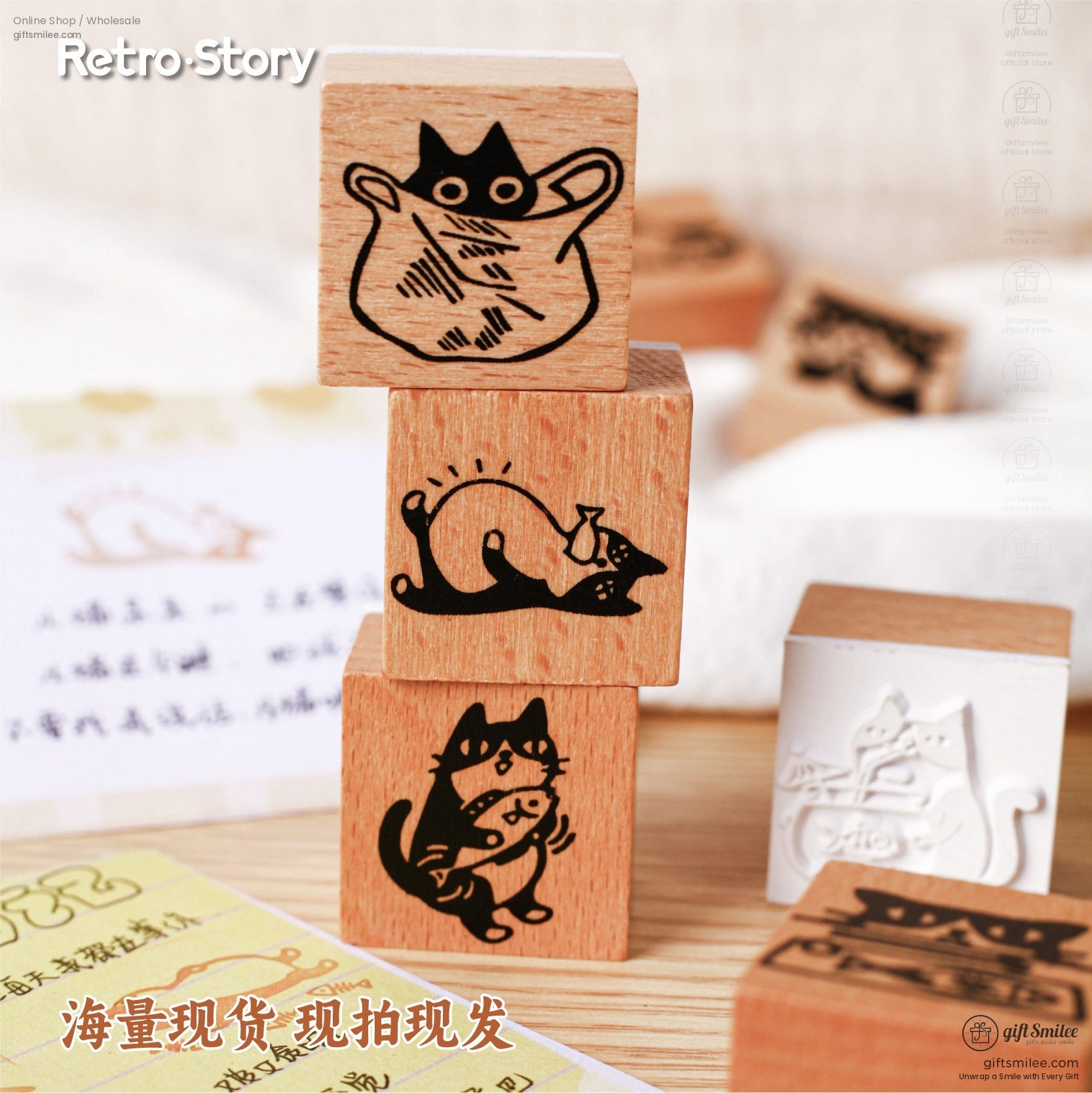 Stacked wooden cat rubber stamps featuring quirky and playful retro-style cat designs