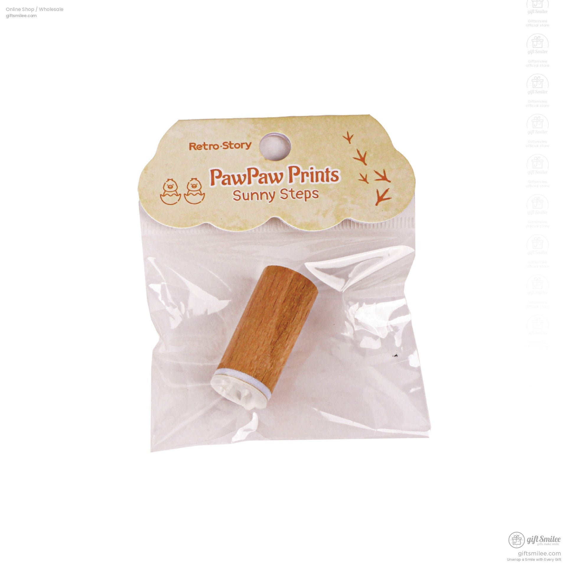 Single wooden rubber stamp in packaging labeled PawPaw Prints Sunny Steps